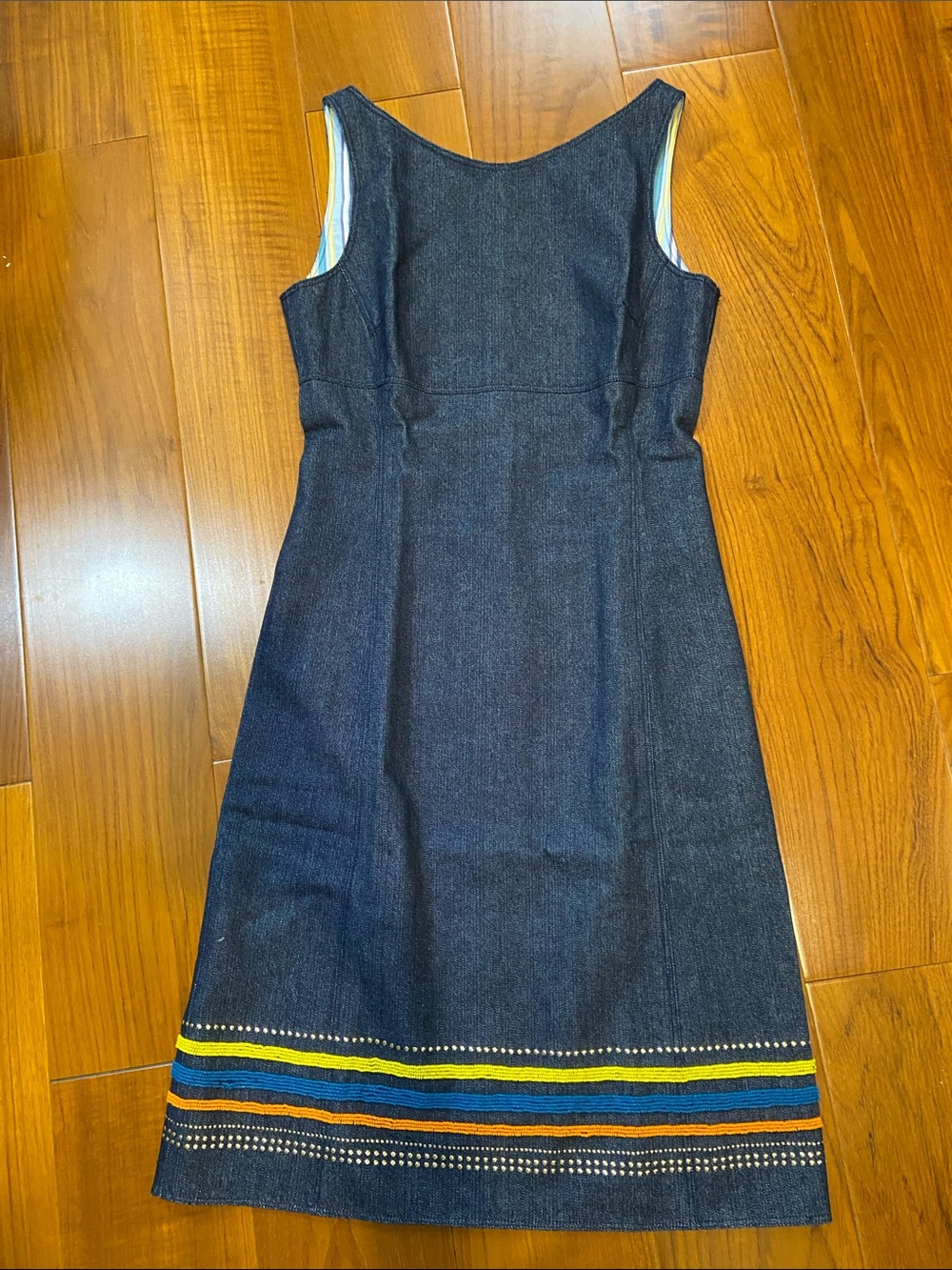 Ports International Sleeveless Dark Denim Dress with Colorful Hem Stripes